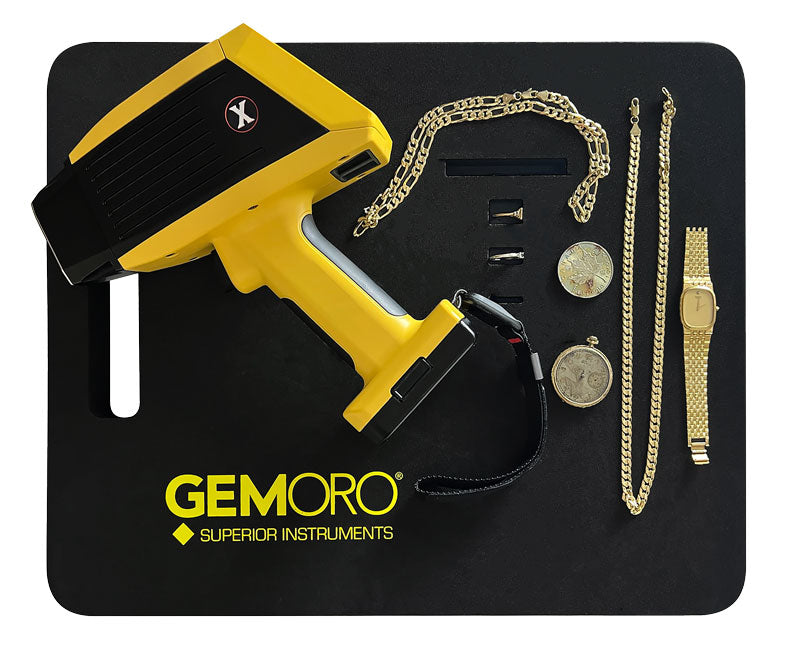 GEMORO XRF Testing Platform with a handheld XRF analyzer resting in the cradle
