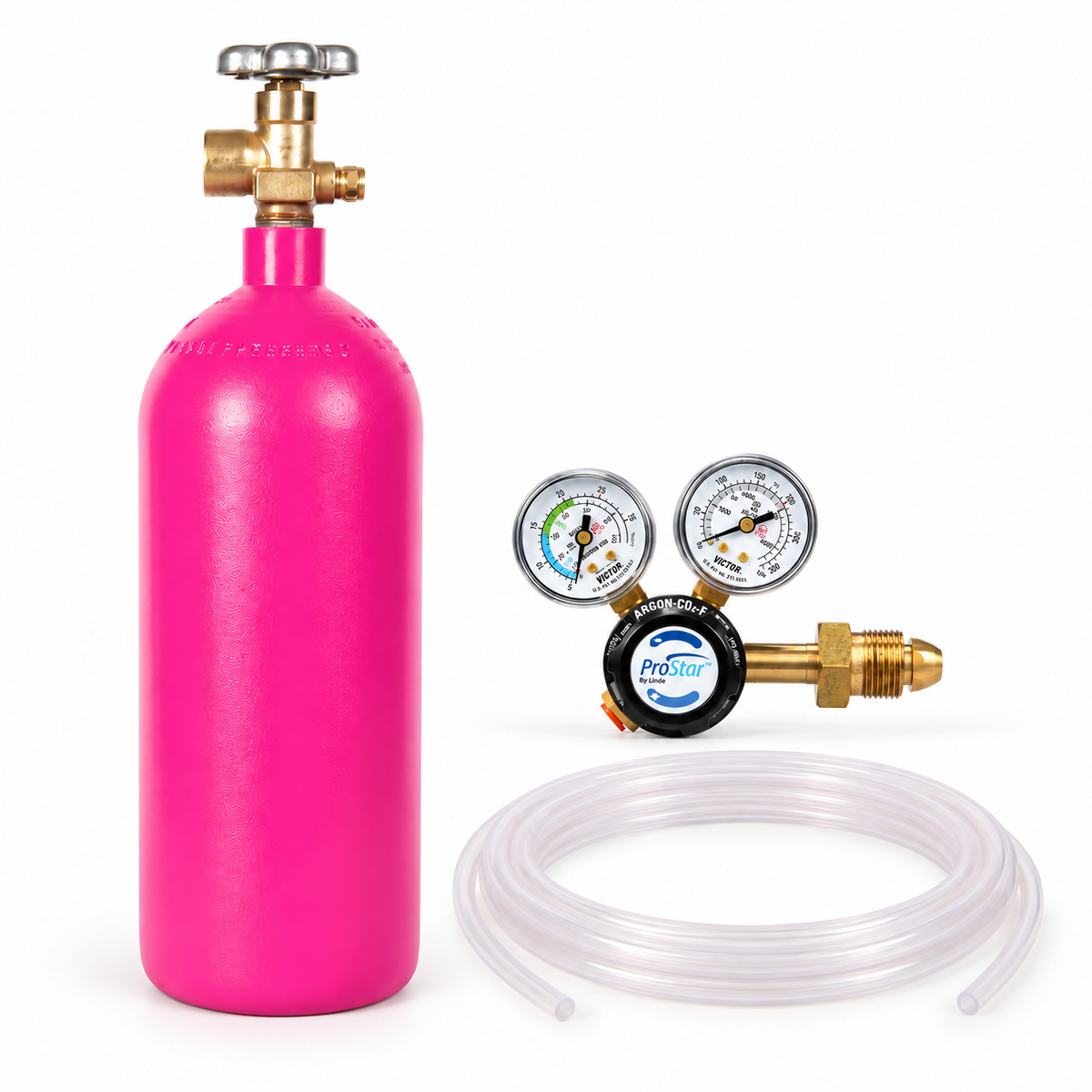Argon kit with electric pink tank, smaller Victor regulator and coiled clear tubing