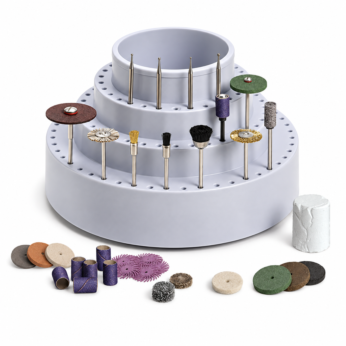 Foredom AK11 jewelry accessory assortment with rotating bur holder on a white background