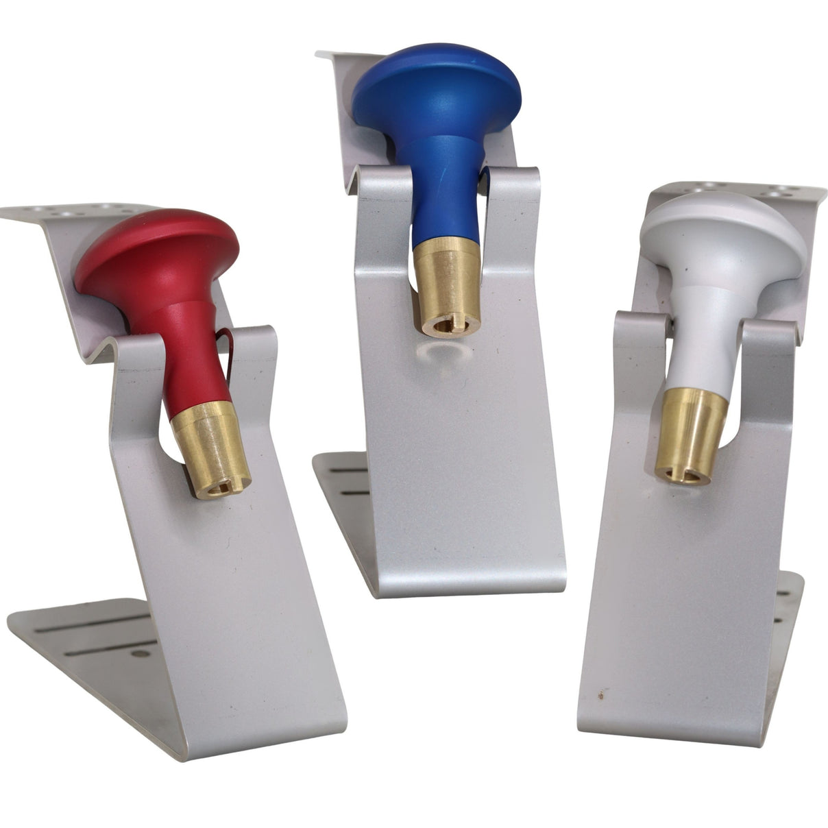 Precision hand push gravers in red, blue, and white with stainless steel stands